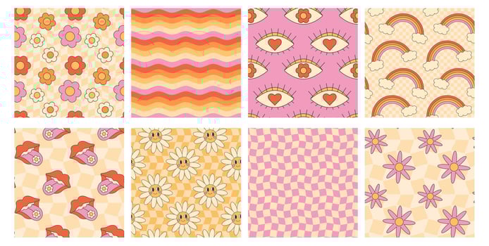 Retro groovy hippie seamless pattern set. Seamless abstract geometric pattern. Floral background. Rainbow, daisy, flower, checkerboard, mouth, tongue, wave vector