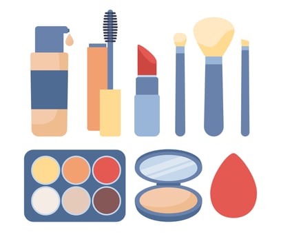 Cosmetic and makeup icon collection. Cream tube, lipstick, mascara, eye shadows, brush, foundation, powder, sponge. Vector flat illustration