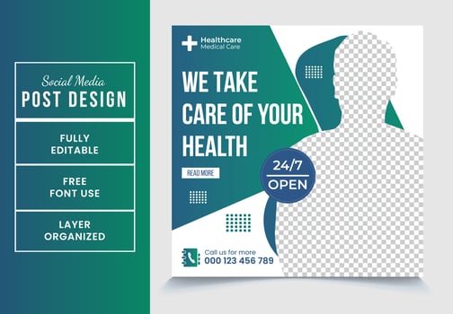 We take care of your health square promotional medical service social media post design template fully editable EPS file format High quality easy to customize vector