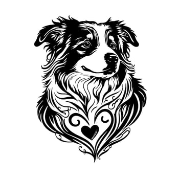 Ornate portrait of an Australian Shepherd dog with a love heart shape. Design element for logo, poster, card, banner, emblem, sign. Monochrome vector illustration.