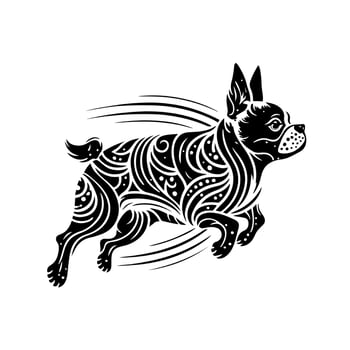 Monochrome portrait of a running Boston Terrier breed dog. Ornamental monochrome vector for logo, emblem, mascot, embroidery, sign, crafting.