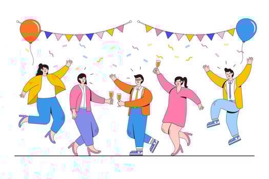Grand opening ceremony celebration or other big ceremony event concept with confetti and champagne. Outline design style minimal vector illustration for landing page, web banner, hero images