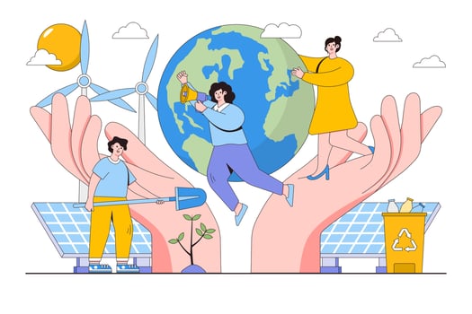 People trying to save planet from climate change and global warming. Person planting trees. Environmental and earth day vector cartoon illustration for landing page, web banner, hero images