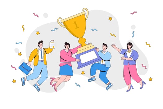 Group of people jumping holding trophy and golden cup. Business team achievements. Office employee get reward and celebrate. design style minimal vector illustration for landing page, hero images