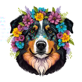 Portrait of an Australian Shepherd dog in flowers. Abstract vector illustration, mix of WPAP and pop art styles. Printable design for wall art, t-shirts, mugs, cases, etc.