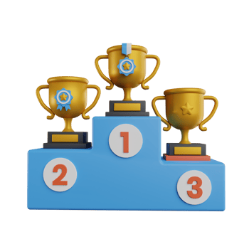 3D Winner pedestal with trophy cups golden with star and first. second and third on podium. Winners podium with cups. Prizes for the Champions. Gold, silver and bronze cups png