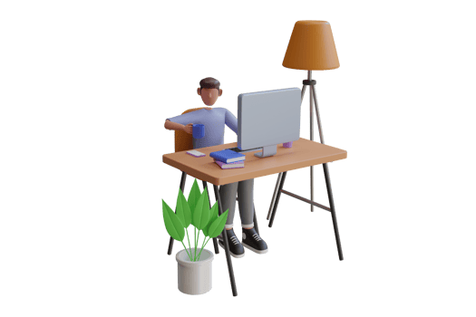 man sits at the table with a computer. boy studying with computer. 3d rendering png