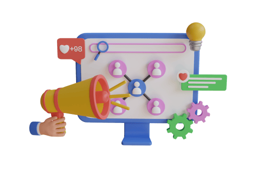 Big loudspeaker to communicate with audience. Digital social marketing.Hand holds a megaphone. Search and attraction of target audience, new subscribers. Social network promotion. 3d rendering png