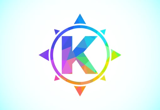 Polygonal alphabet K in a compass. Low poly style compass logo sign symbol. Vector logo design