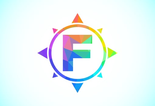 Polygonal alphabet F in a compass. Low poly style compass logo sign symbol. Vector logo design
