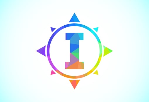 Polygonal alphabet I in a compass. Low poly style compass logo sign symbol. Vector logo design
