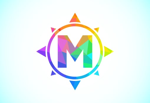 Polygonal alphabet M in a compass. Low poly style compass logo sign symbol. Vector logo design