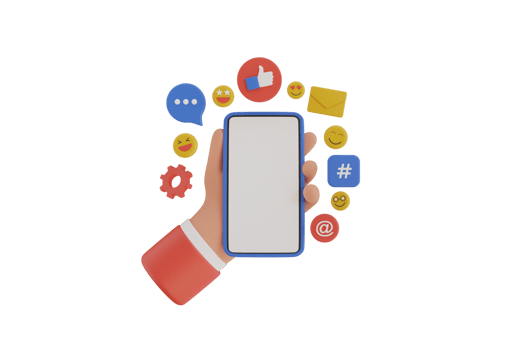 3D Hand holding phone with emoji, comment, love, like and hashtag icon. 3D Online Social media communication platform concept. 3d rendering png