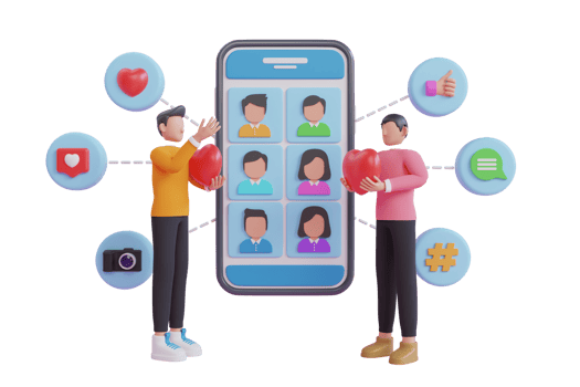 3d illustration of interaction between people through social networks. Social network user interface with new likes, comments, followers. 3d rendering png