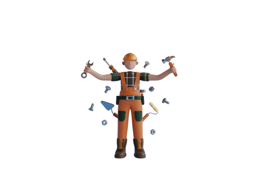 The Handyman. 3D Handyman multitasking with tools. worker or engineer with wrench, screwdriver, hammer and roller in hands isolated icon 3d illustration. png