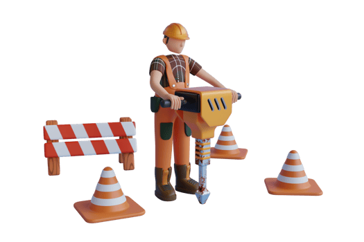3D road worker man working with power jackhammer. 3d rendering of traffic cone. Construction worker with a handheld hydraulic breaker. 3D Illustration png