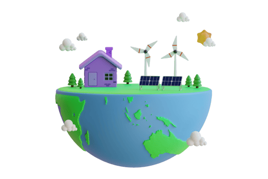 3D Green eco friendly and save energy. Globe Earth Planet and Green Energy Concept. Eco-friendly smart home, 3d render. Solar-powered houses, ecology is an energy saving concept png