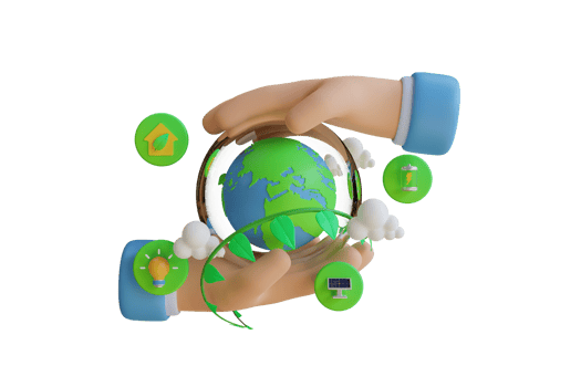 3d rendering concept environment and ecology. Hand holding earth and light bulb, City with wind turbines and tree. Eco friendly clean energy, Earth Day World Environment . 3d render png
