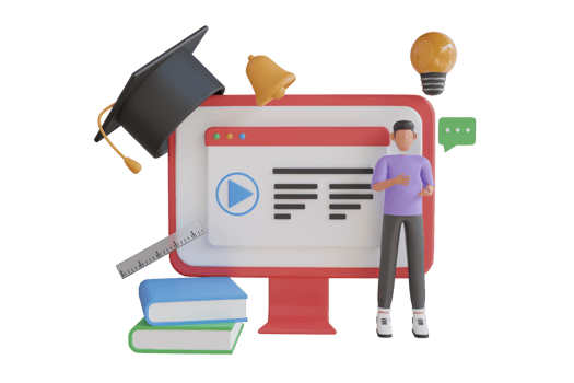 Online education concept 3D illustration. Video lectures and lessons on educational platform, viewing webinars, video chats with teachers, e-learning. 3d illustration png