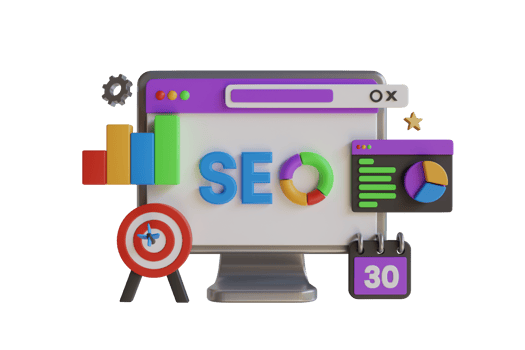 3D SEO Optimization, web analytics and seo marketing.  seo interface for website strategy and research planing in 3d laptop computer. Strategy and Planing website. 3D rendering png