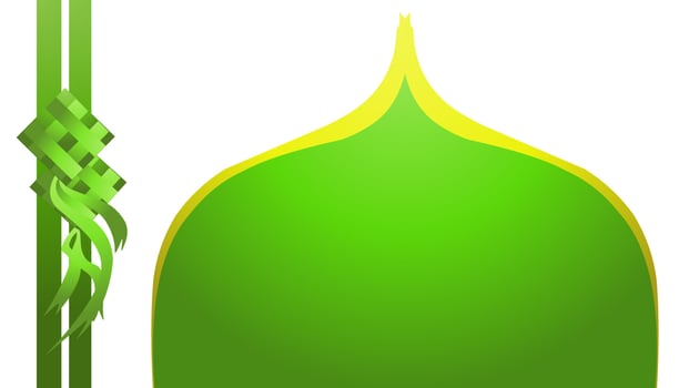 Background Illustration of the theme of Ramadan and Eid al-Fitr and Eid al-Adha, with pictures of green and yellow mosque domes and green diamonds or ketupat moslem packed rice vector