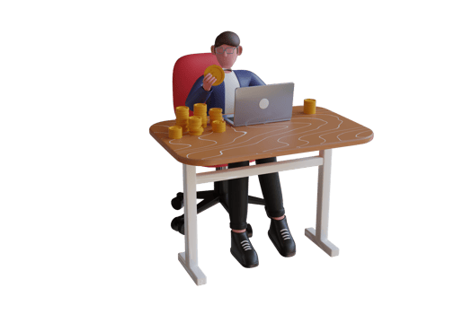 3D illustration of Businessman with laptop and huge stack of gold coins. Cartoon businessman, successful investor. Financial consulting, savings concept. 3d illustration png