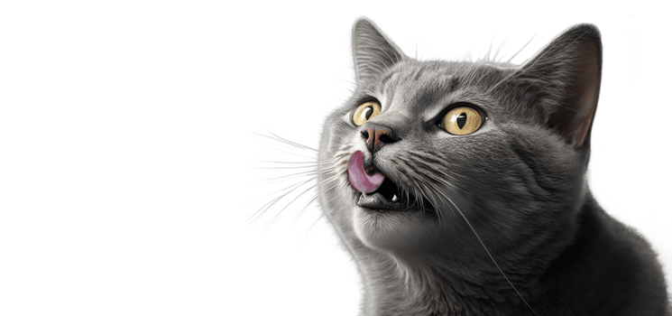 portrait of a friendly looking gray cat licking lips on transparent background png file.