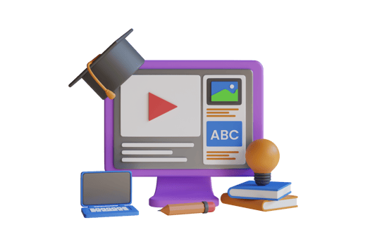 3D Illustration of Online education. online education, webinar, university, school digital classes web background with laptop, books. online video tutorial, e learning, web courses concept. png