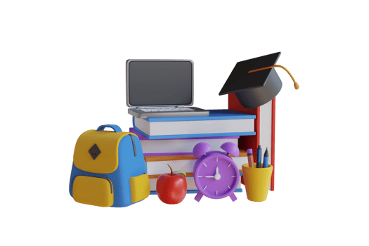 3D Illustration of Back to school. School time concept. Books with alarm clock , school backpack , pen , laptop and toga hat. 3d illustration png