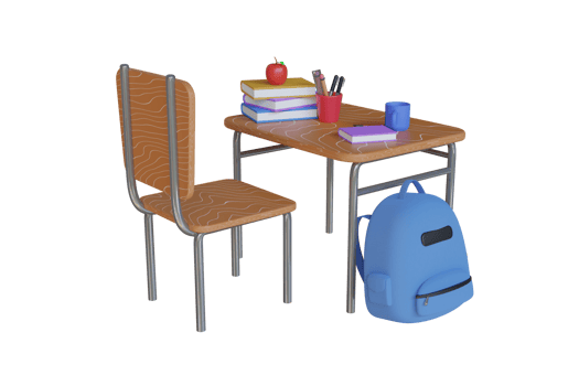 School desk with school accessory and blue backpack 3D Rendering. home learning and study desk with book, pen and school backpack. concept of education and back to school. 3d illustration png