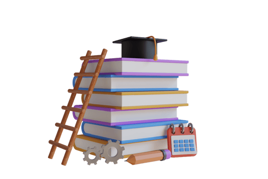 3d illustration of heap of books for studying and ladder leading to graduation cap. tall stack of books and a ladder leading up to them. 3D illustration png