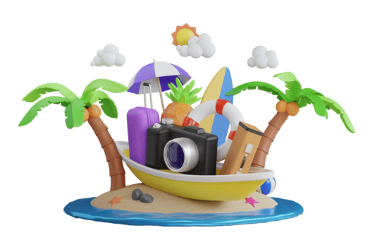 3d rendering of summer vacation concept. colorful summer beach elements. Flamingo inflatable toy, watermelon, palm trees, shell, ball beach. 3d illustration png