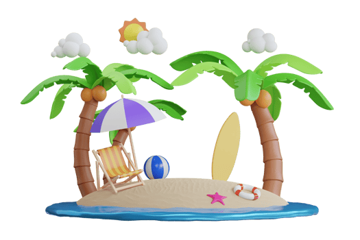 3d rendering of summer vacation concept.Summer vacation island on the sea. Summer and travel vacation concept with beach chair and umbrella. 3d illustration png