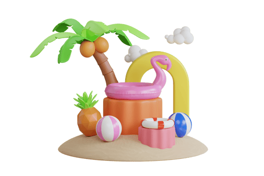 Summer vacation. colorful summer beach elements. Flamingo inflatable toy, watermelon, palm trees, shell, ball beach. 3d illustration png