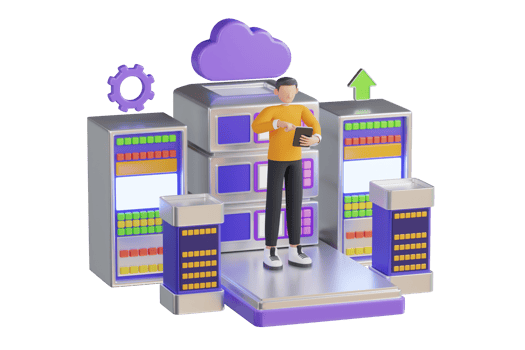 3D Illustration of Cloud storage. Server room with hardware racks or web hosting infrastructure. Cloud technologies for download, servers and service. Big data storage. png