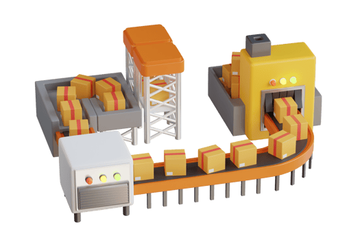 Warehouse with cardboard boxes inside on pallets racks. Belt conveyor with falling carton boxes. Industrial factory shipment cargo mail business concept. 3d illustration png
