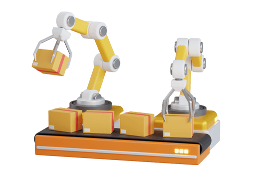 3D Illustration of factory machine with conveyor and engineering robot arm sorting yellow box. Technology of modern industrial manufacture at automatic conveyor belt of factory line. png