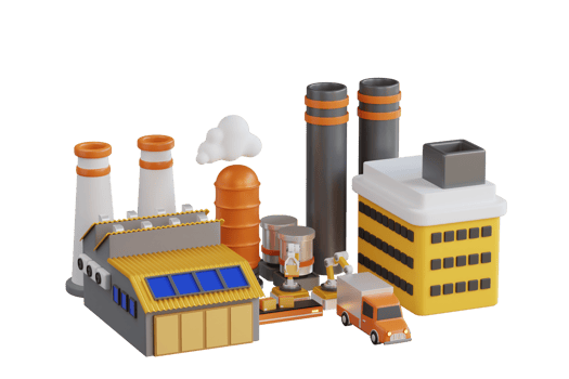 3D Illustration of Industrial Factory Building. representing factory buildings with industrial structures. representing factory building with chimneys, warehouses, transport trucks. png