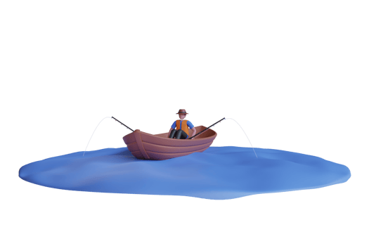3D Illustration of Man fishing on the boat. fisherman in small boat.  man in hat with fishing rod in boat. 3d illustration png