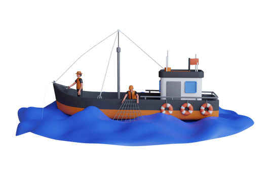 3D Illustration of Man fishing on the boat .catching fish seafood and using net. fishing boat on water disk. Fishing boat and fisherman. 3d illustration png