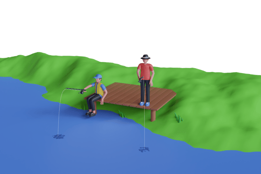 3D Illustration of anglers fishing on the seashore.  Fisher man with fishing rod on the beach png