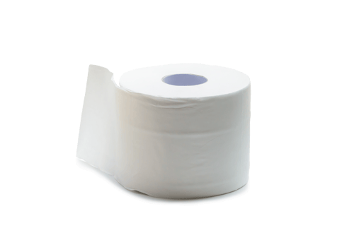 Close up photo of single roll of white tissue paper or napkin prepared for use in toilet or restroom isolated with clipping path and shadow in png format