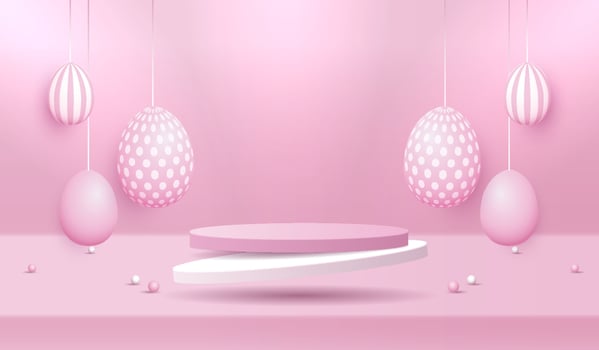 Happy Easter pink background and paper art podium display for product presentation branding and packaging presentation. studio stage with eggs and rabbit background. vector design.