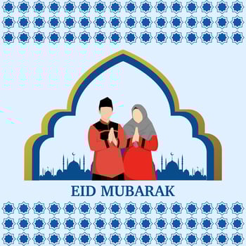 Eid Mubarak illustration with mosque silhouette with muslim character and ornament background, Eid Mubarak greeting poster, Invitation Template, social media, etc. Eid Mubarak flat vector illustration
