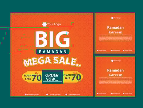 Set of Square social media post, poster, stories template Mega sale promotion with modern lantern gold design. Iftar mean is Ramadan. social media template with Modern Islamic background Design vector