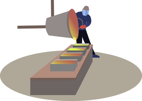 Worker pouring ingots of brass in brass foundry vector illustration, Worker controlling metal melting in furnaces illustration, Pouring molten metal into mold in foundry metal factory concept