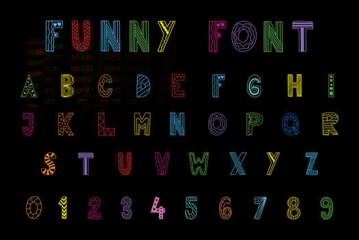 A-Z alphabet letters and 0-9 numbers festive a d funny font vector and illustration