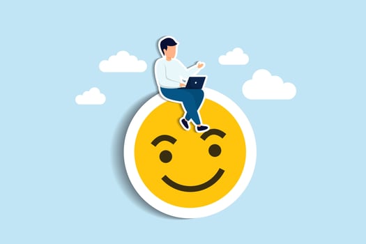 Work happiness or job satisfaction, passion or enjoyment working with company, employee wellbeing concept, happy businesswoman working with computer on smiling face. Paper Cut Style vector