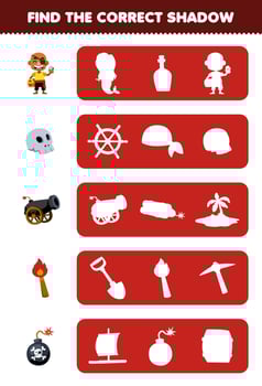 Education game for children find the correct shadow silhouette of cute cartoon bald man skull cannon torch bomb printable pirate worksheet vector