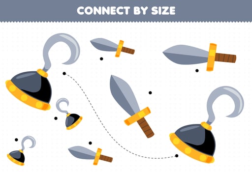 Educational game for kids connect by the size of cute cartoon hook and sword printable pirate worksheet vector